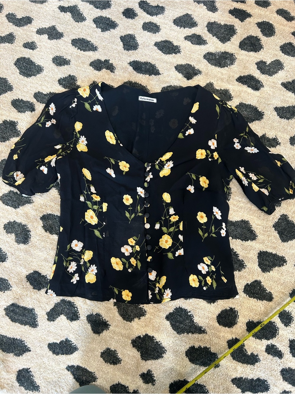 Reformation Black Floral Button-Front Top with Yellow Flowers- Medium